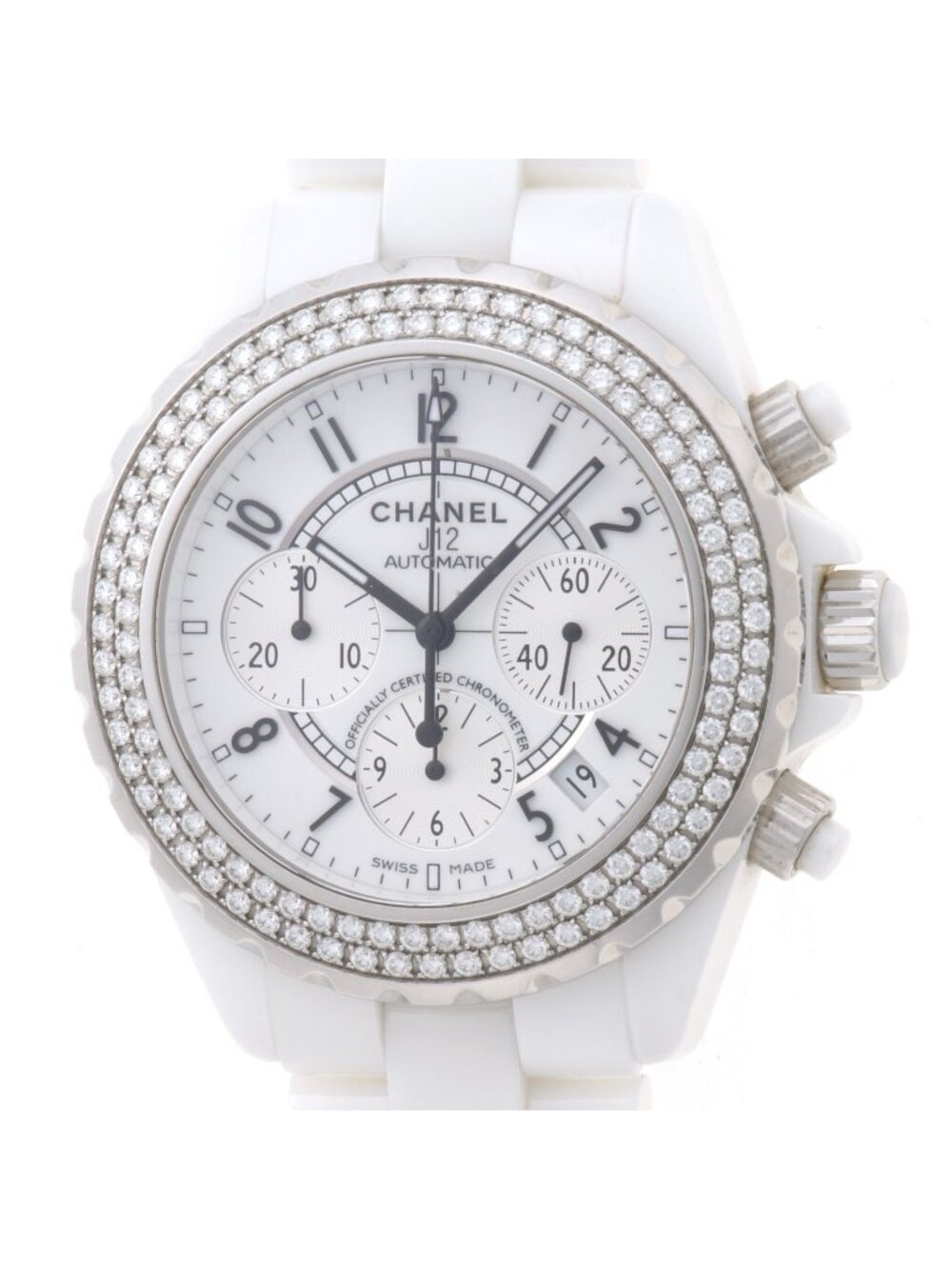 Chanel Chronograph Diamond Bezel Watch White Ceramic Dial Automatic